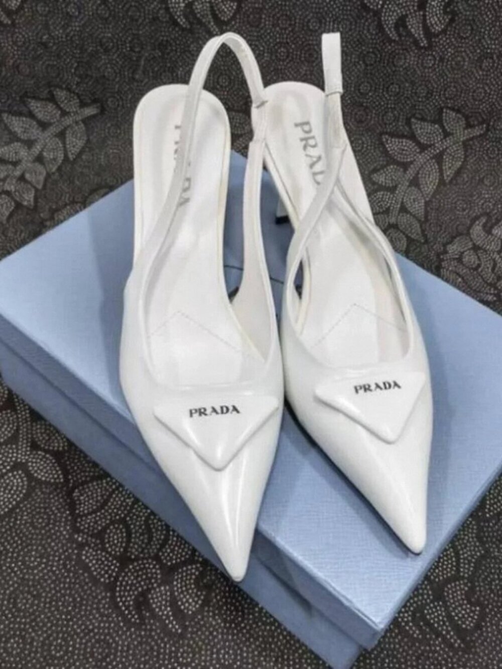 Prada White Triangle Logo Pointed Toe Slingback Heels
